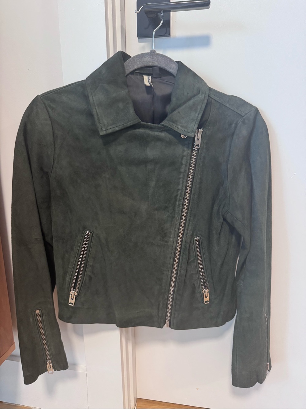 Topshop Dark Green Suede Asymmetric Zip Jacket